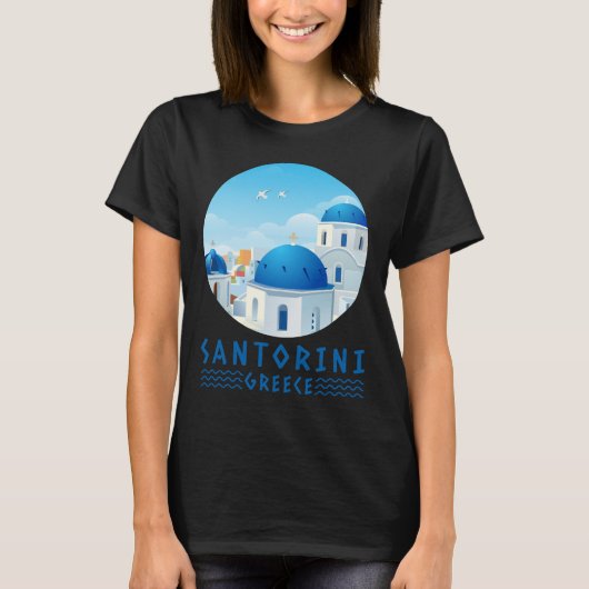 サントリーニ、ギリシャ人女性ブラック Tシャツ (正面)