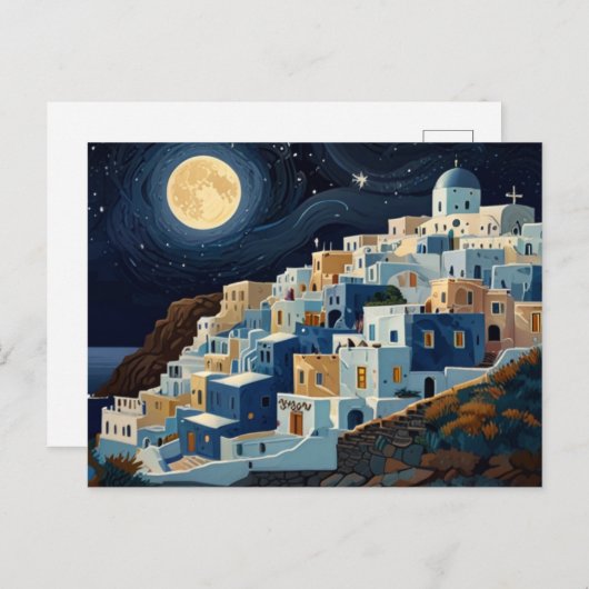 サントリーニ、ギリシャ満月ナイトギリシャ村 シーズンポストカード (正面/裏面)