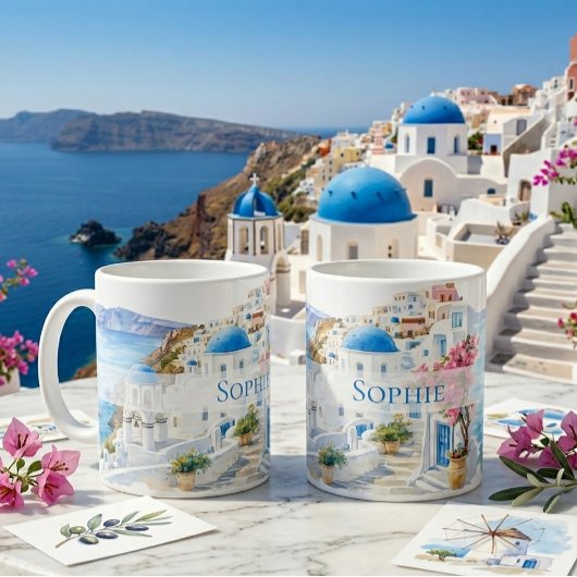 サントリーニ ギリシャ オリジナル 名前入り ギフト コーヒーマグカップ