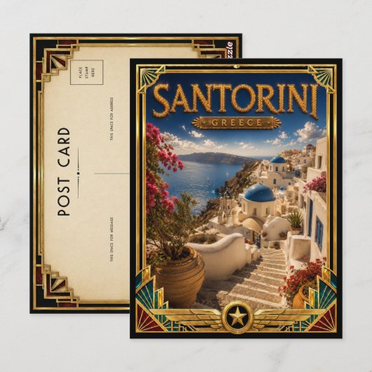 サントリーニ ギリシャ ヴィンテージ 崖の上のアールデコ ポストカード (正面/裏面)
