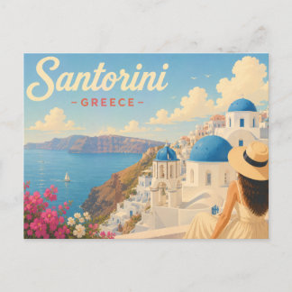 サントリーニ ギリシャ - 帽子をかぶった女性 Travel ポストカード