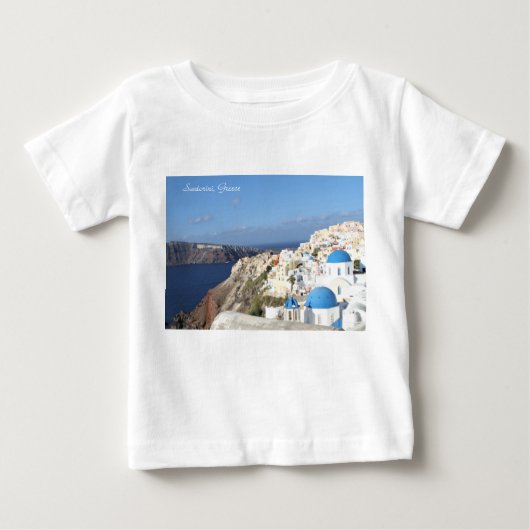 サントリーニ,ギリシャ,村のオイア,写真,青 ベビーTシャツ (正面)