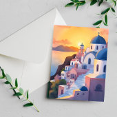 サントリーニ（ギリシャ） | 水彩海岸線の夕日 ポストカード