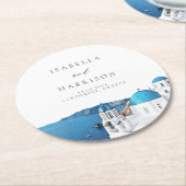 サントリーニ ギリシャ 水彩画のスカイライン デスティネーション ラウンドペーパーコースター (アングル)