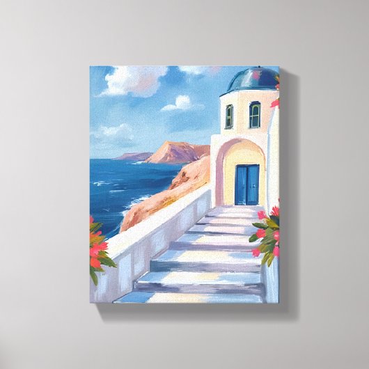 サントリーニ ギリシャ 水彩画 旅行 キャンバスプリント (正面)