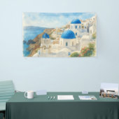 サントリーニ ギリシャ 水彩画 青いドームの教会 アート 横断幕 (トレードショー)