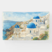 サントリーニ ギリシャ 水彩画 青いドームの教会 アート 横断幕 (横)