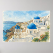サントリーニ ギリシャ 水彩画 青いドーム教会 アート ポスター (正面)