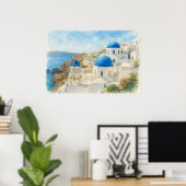 サントリーニ ギリシャ 水彩画 青いドーム教会 アート ポスター (ホームオフィス)