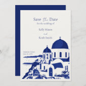 サントリーニ ギリシャ 水彩 結婚式 Save The Date 招待状 (正面/裏面)
