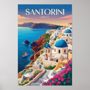 サントリーニ ギリシャ 青いドーム 旅行 アート ヴィンテージ ポスター