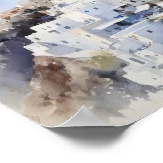 サントリーニOIAギリシャ水彩画プリントポスター ポスター (角)