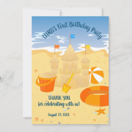 サンドキャッスルビーチおもしろい男の赤ちゃん誕生日パーティー サンキューカード