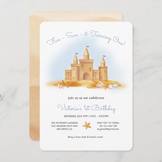 サンドキャッスルビーチバースデーパーティー 招待状 (正面/裏面)
