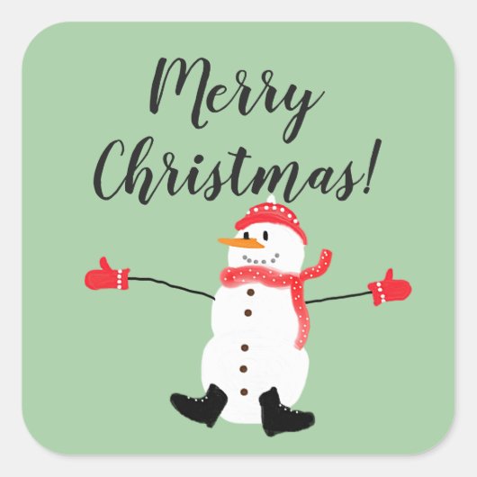 サンドグリーンの背景のかわいい雪だるま メリークリスマス スクエアシール (正面)