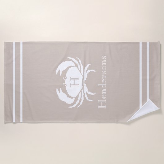 サンドタ航海のンタウペホワイトカニモノグラム名 ビーチタオル (正面)