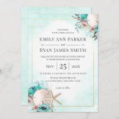 サンドダラーとヒトデのシーグラス フローラルビーチ 招待状 (正面/裏面)