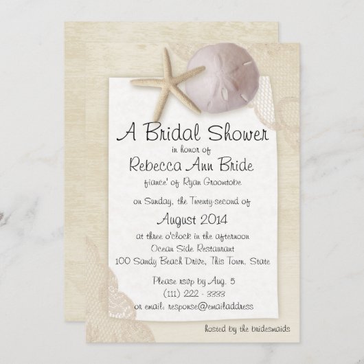 サンドドルとアイボリーレースブライダルシャワー 招待状 (正面/裏面)