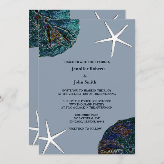 サンドドルシーシェルアートダスティブルービーチ結婚式 招待状 (正面/裏面)