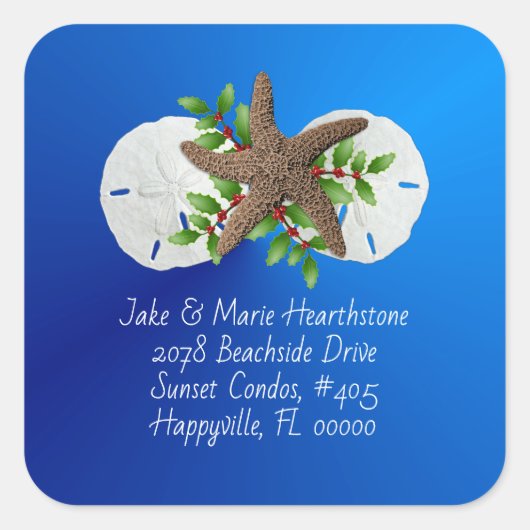 サンドドルスターフィッシュブルーアドレス封筒用シール スクエアシール (正面)