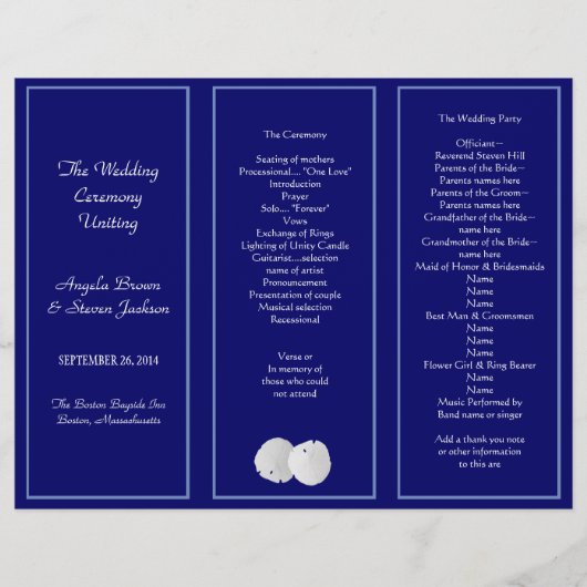 サンドドルネイビートリフォールド結婚式 プログラムテンプレート (正面)