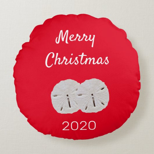 サンドドルパターンレッドホワイトビーチメリークリスマス ラウンドクッション (正面)