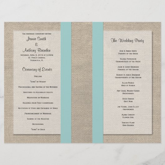 サンドドルビーチ結婚式プログラム – ターコイズ (裏面)