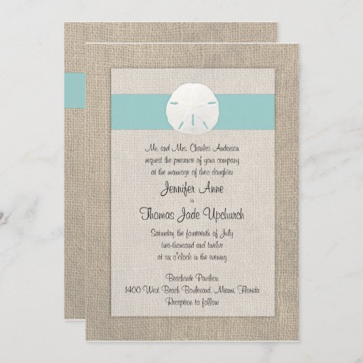 サンドドルビーチ結婚式招待状-ターコイズ 招待状 (正面/裏面)