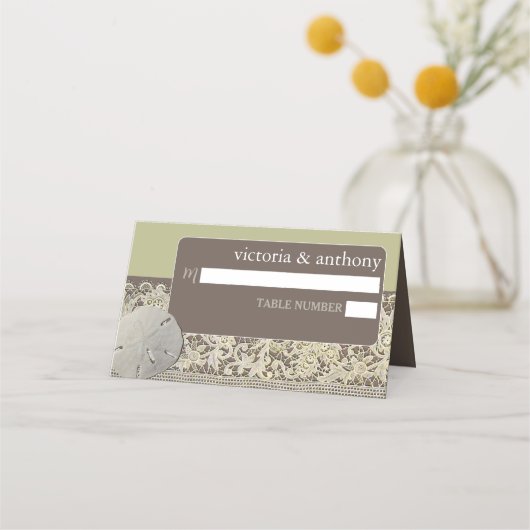 サンドドルレース、ヴィンテージビーチ結婚式 プレイスカード (正面)