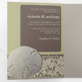 サンドドルレース、ヴィンテージビーチ結婚式 三つ折り招待状 (内部最初)