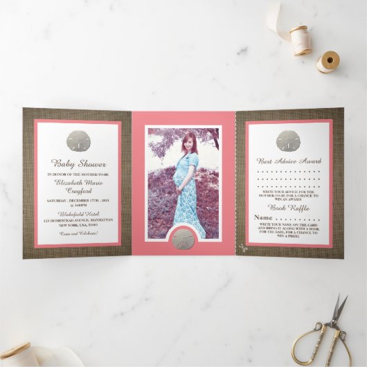 サンドドル&バーラップ、ビーチベビーシャワースイート 三つ折り招待状 (内部)