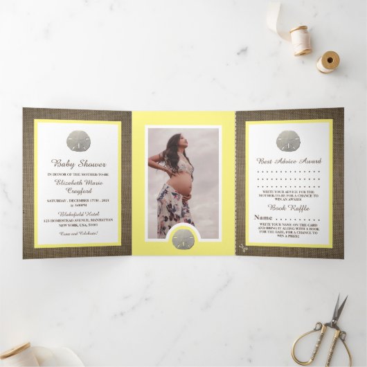 サンドドル&バーラップ、ビーチベビーシャワースイート 三つ折り招待状 (内部)