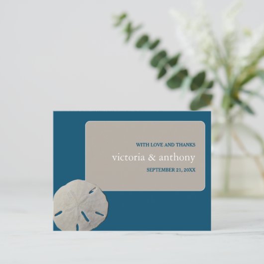 サンドドル、海ブルービーチ結婚式ありがとう ポストカード (スタンド正面)