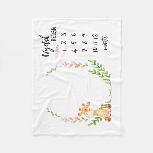 サンドナットストアパーソナライズされたキリンベビーマイルストーン フリースブランケット (正面)