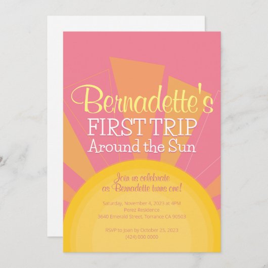 サンバースデーのまわりにパーティーの最初の旅かわいいピンク 招待状 (正面/裏面)