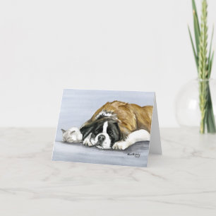 「サンバーナードと子猫」 Dog Art Notecard カード