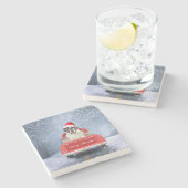 サンバーナード雪の中の犬クリスマストラックに座って ストーンコースター (横)