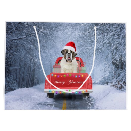 サンバーナード雪の中の犬クリスマストラックに座って ラージペーパーバッグ (裏面)