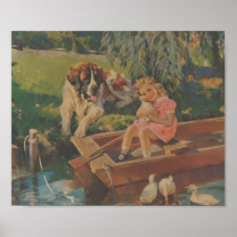 サンバーナード、ダックス、ボートに小さな女の子 ポスター