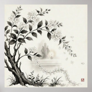 サンパギータ — フィリピンの国花 墨絵 ポスター