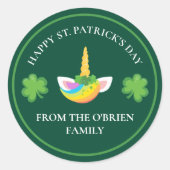 サンパトリックスデイユニコーンカスタマイズ可能な緑のパーティー ラウンドシール (正面)