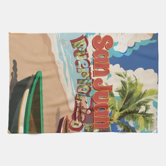 サンファンプエルトリコヴィンテージ旅行ポスター キッチンタオル (横)