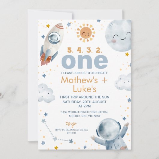 サンファーストのまわりにトリップサンツイン少年たち1歳の誕生日 招待状 (正面)