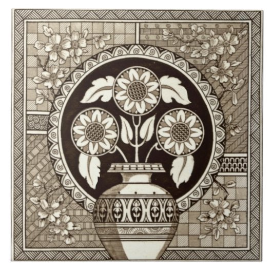 サンフビクトリアンラワーセピアの美的花瓶 タイル (正面)