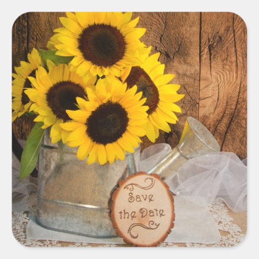 サンフラワーと散水結婚式の日付を保存 スクエアシール (正面)