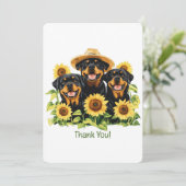 サンフラワーに囲まれたロットワイラー犬に感謝 サンキューカード (スタンド正面)