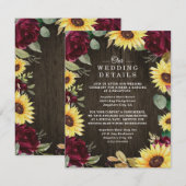 サンフラワーをテーマにしたバーガンディ結婚レッドローズ エンクロージャーカード (正面/裏面)