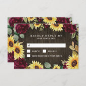 サンフラワーをテーマにしたバーガンディ結婚レッドローズ 出欠カード (正面/裏面)