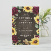 サンフラワーをテーマにしたバーガンディ結婚レッドローズ 招待状 (スタンド正面)