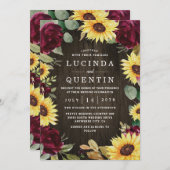 サンフラワーをテーマにしたバーガンディ結婚レッドローズ 招待状 (正面/裏面)